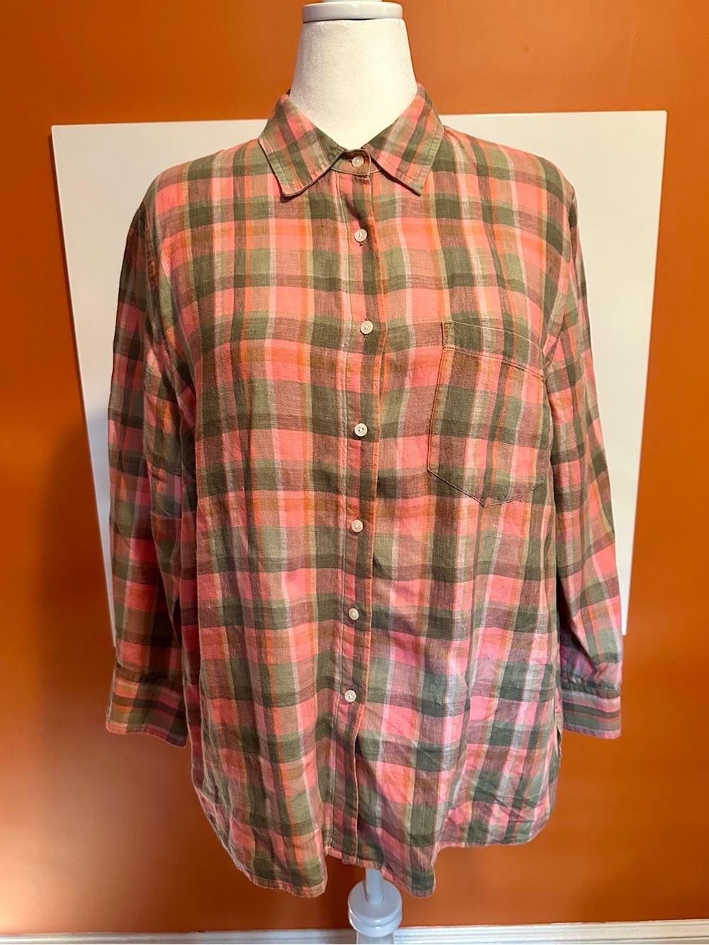 Jones New York Signature 100% Linen Plaid Button Down Shirt 2X Pink Olive